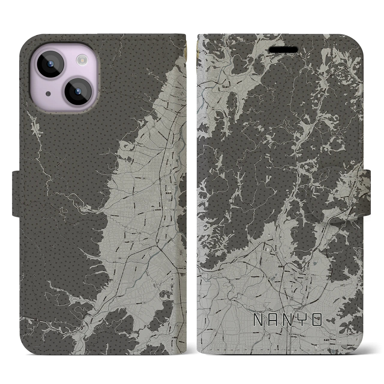 【南陽(山形県)】地図柄iPhoneケース(手帳タイプ)モノトーン・iPhone 14 用