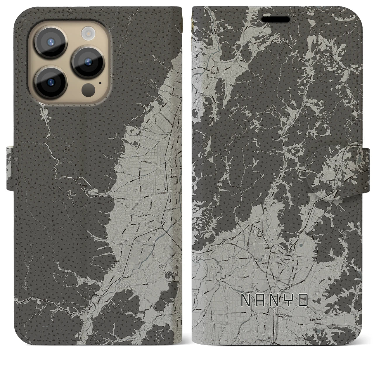 【南陽(山形県)】地図柄iPhoneケース(手帳タイプ)モノトーン・iPhone 14 Pro Max 用