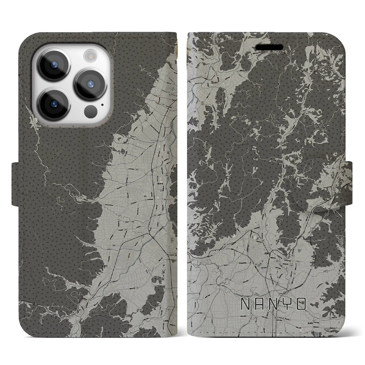 【南陽(山形県)】地図柄iPhoneケース(手帳タイプ)モノトーン・iPhone 14 Pro 用