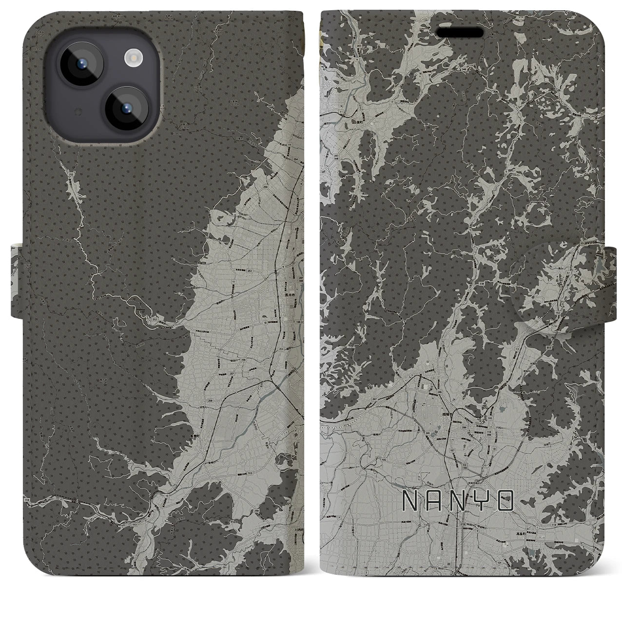 【南陽(山形県)】地図柄iPhoneケース(手帳タイプ)モノトーン・iPhone 14 Plus 用
