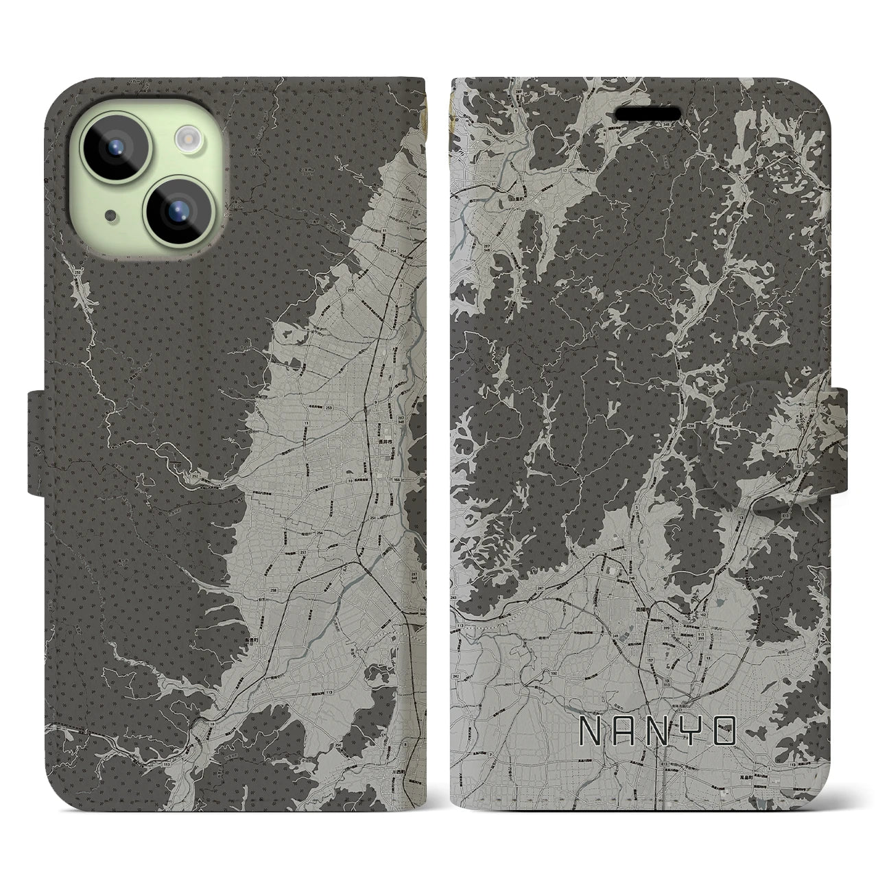 【南陽(山形県)】地図柄iPhoneケース(手帳タイプ)モノトーン・iPhone 15 用