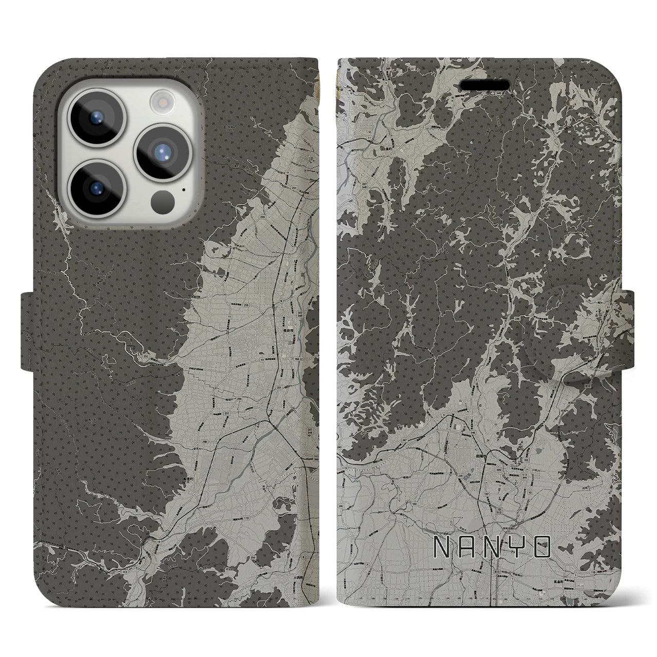 【南陽(山形県)】地図柄iPhoneケース(手帳タイプ)モノトーン・iPhone 15 Pro 用