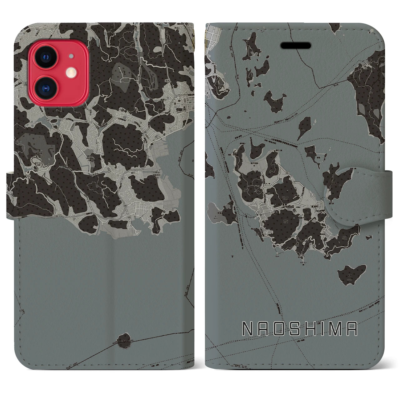 【直島(香川県)】地図柄iPhoneケース(手帳タイプ)モノトーン・iPhone 11 用
