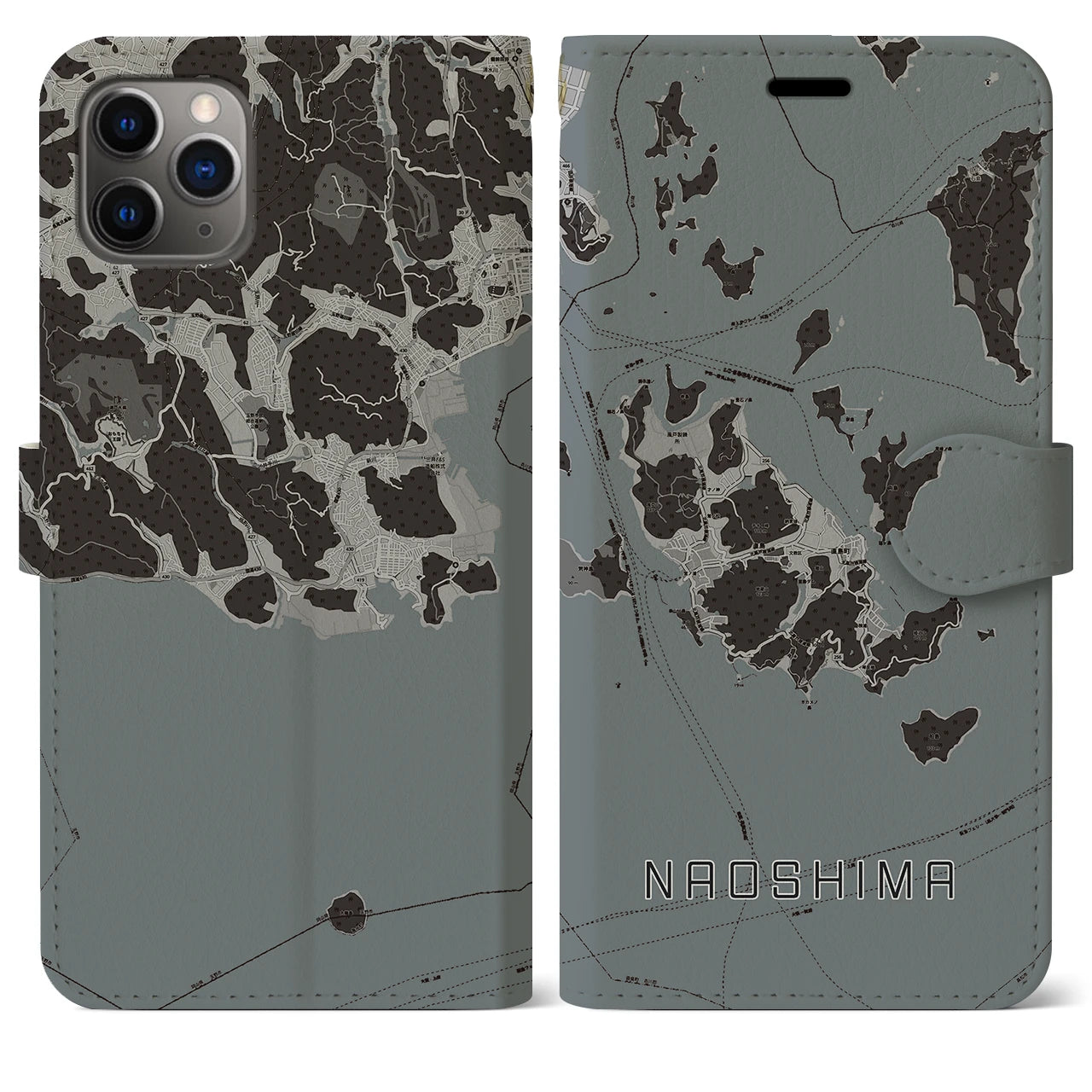 【直島(香川県)】地図柄iPhoneケース(手帳タイプ)モノトーン・iPhone 11 Pro Max 用