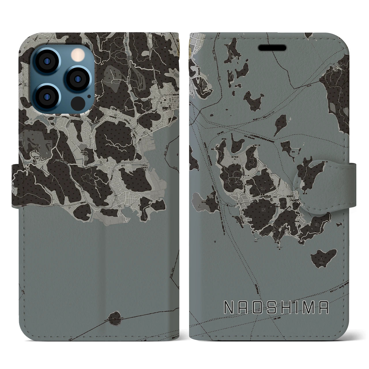 【直島(香川県)】地図柄iPhoneケース(手帳タイプ)モノトーン・iPhone 12 / 12 Pro 用