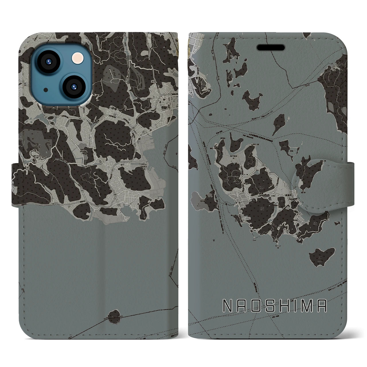 【直島(香川県)】地図柄iPhoneケース(手帳タイプ)モノトーン・iPhone 13 用