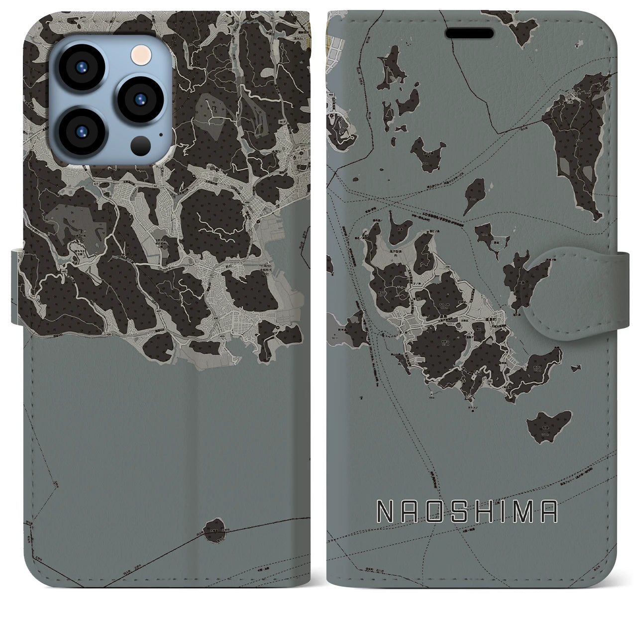 【直島(香川県)】地図柄iPhoneケース(手帳タイプ)モノトーン・iPhone 13 Pro Max 用