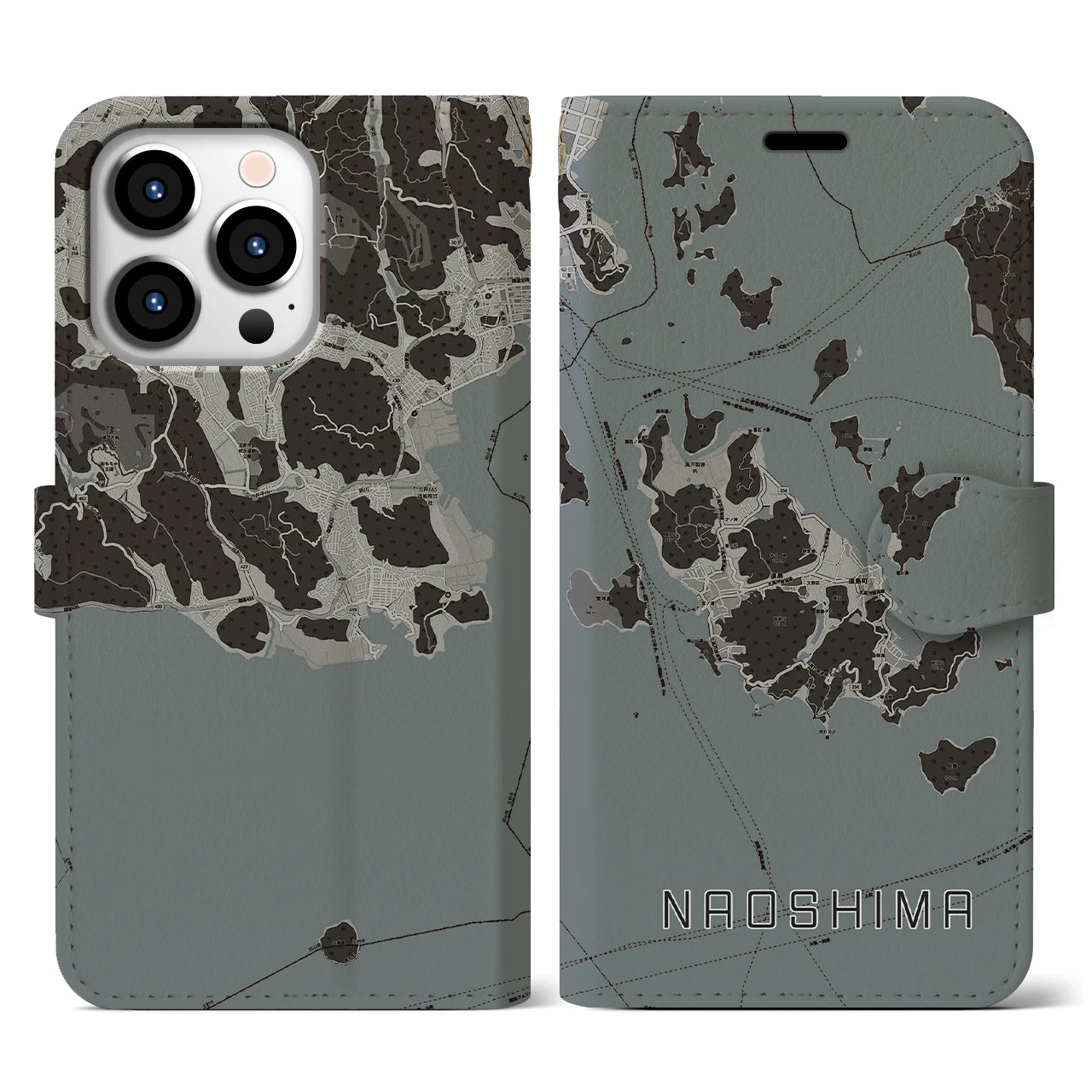 【直島(香川県)】地図柄iPhoneケース(手帳タイプ)モノトーン・iPhone 13 Pro 用