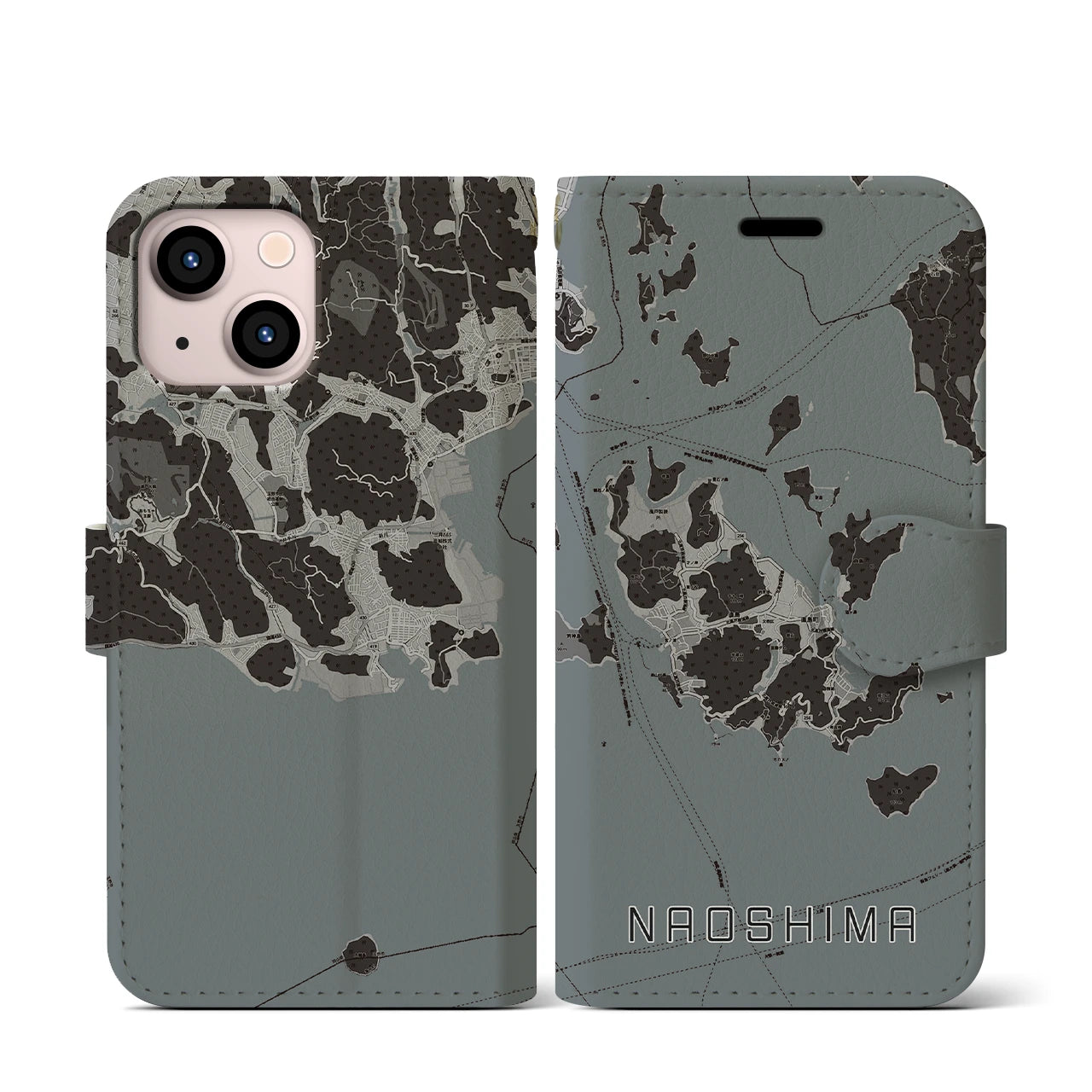 【直島(香川県)】地図柄iPhoneケース(手帳タイプ)モノトーン・iPhone 13 mini 用