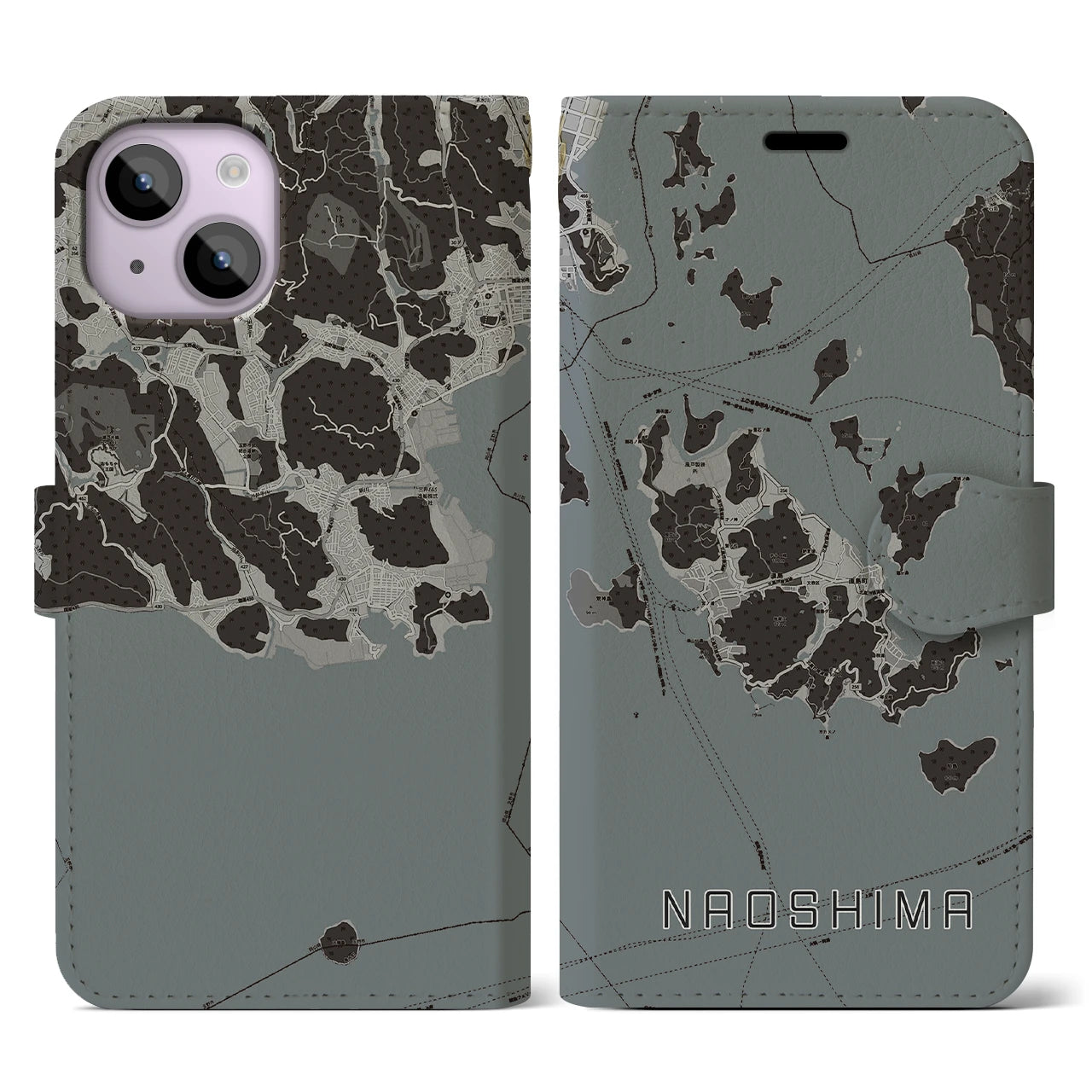 【直島(香川県)】地図柄iPhoneケース(手帳タイプ)モノトーン・iPhone 14 用