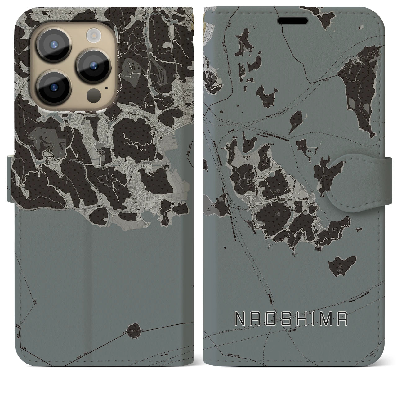 【直島(香川県)】地図柄iPhoneケース(手帳タイプ)モノトーン・iPhone 14 Pro Max 用
