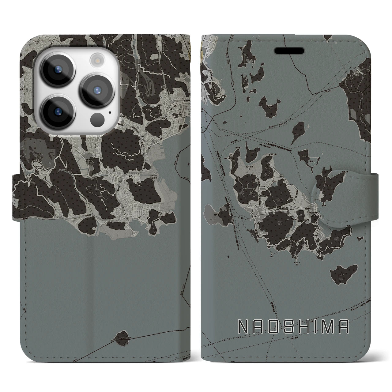 【直島(香川県)】地図柄iPhoneケース(手帳タイプ)モノトーン・iPhone 14 Pro 用