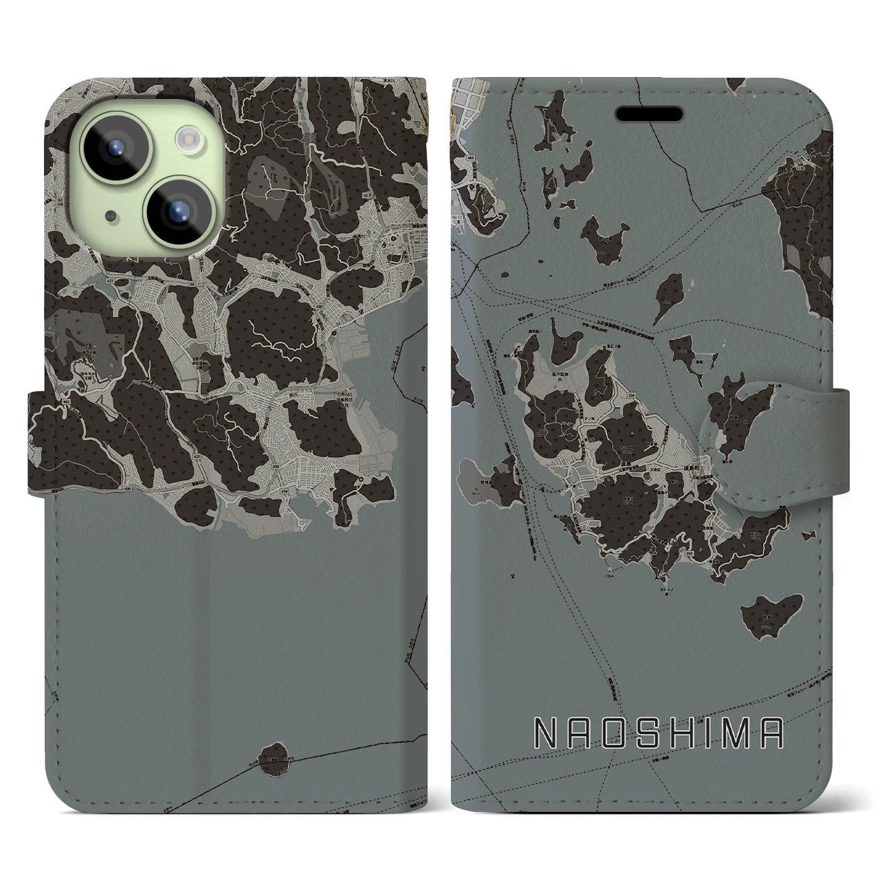 【直島(香川県)】地図柄iPhoneケース(手帳タイプ)モノトーン・iPhone 15 用