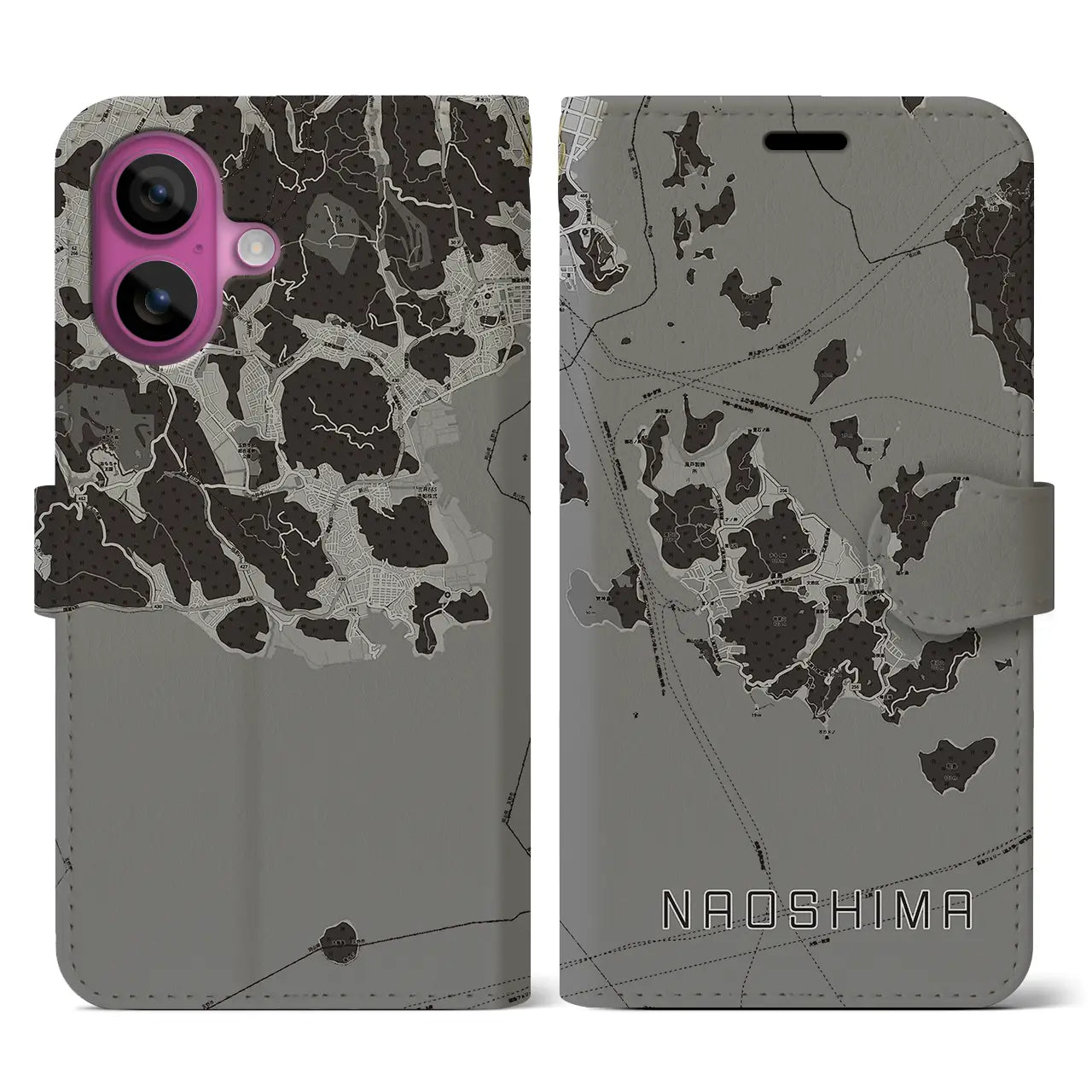 【直島(香川県)】地図柄iPhoneケース(手帳タイプ)モノトーン・iPhone 16 Pro 用