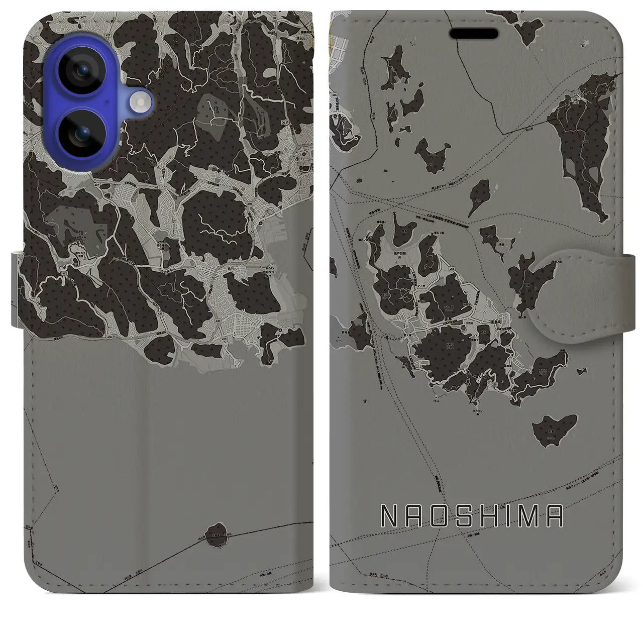 【直島(香川県)】地図柄iPhoneケース(手帳タイプ)モノトーン・iPhone 16 Pro Max 用