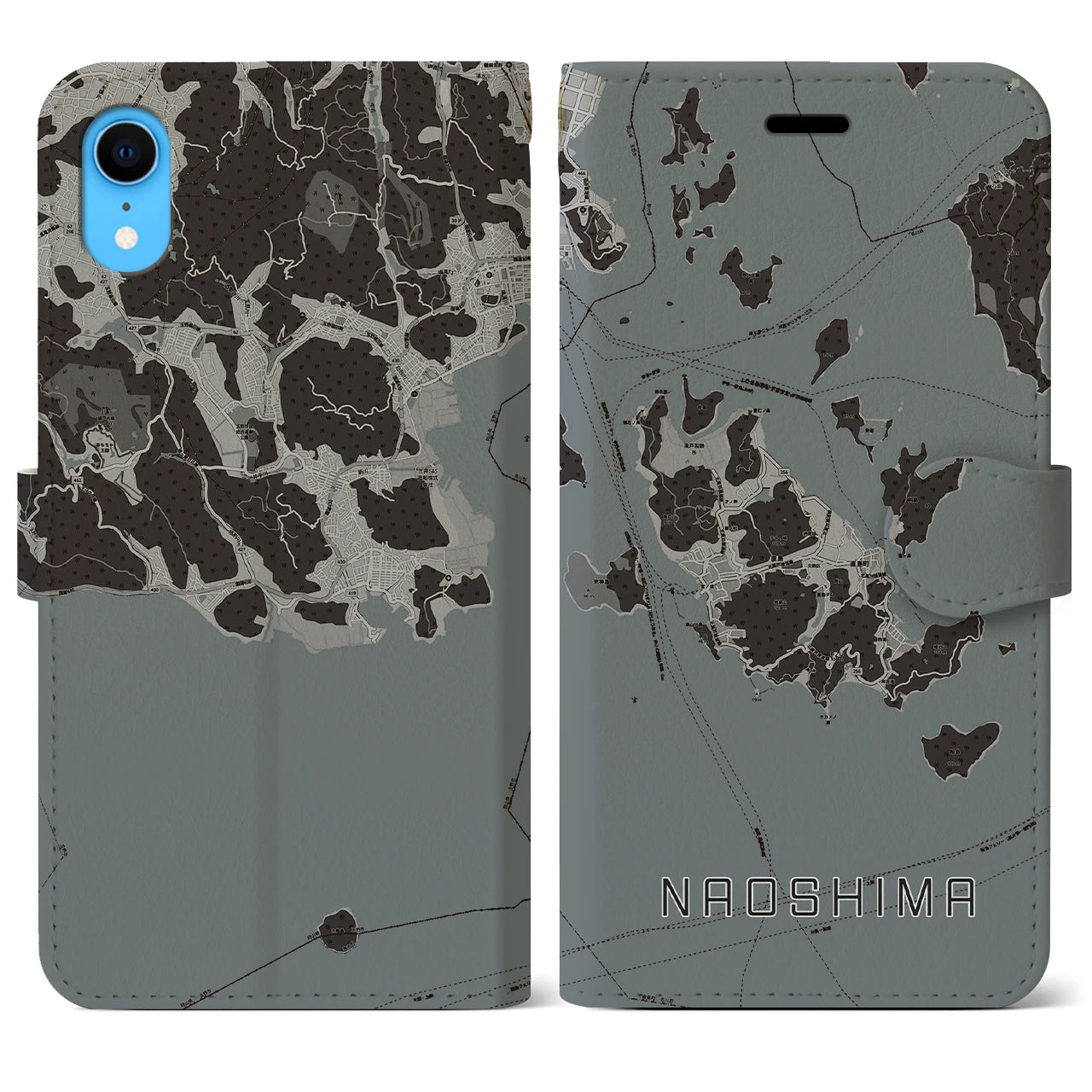 【直島(香川県)】地図柄iPhoneケース(手帳タイプ)モノトーン・iPhone XR 用