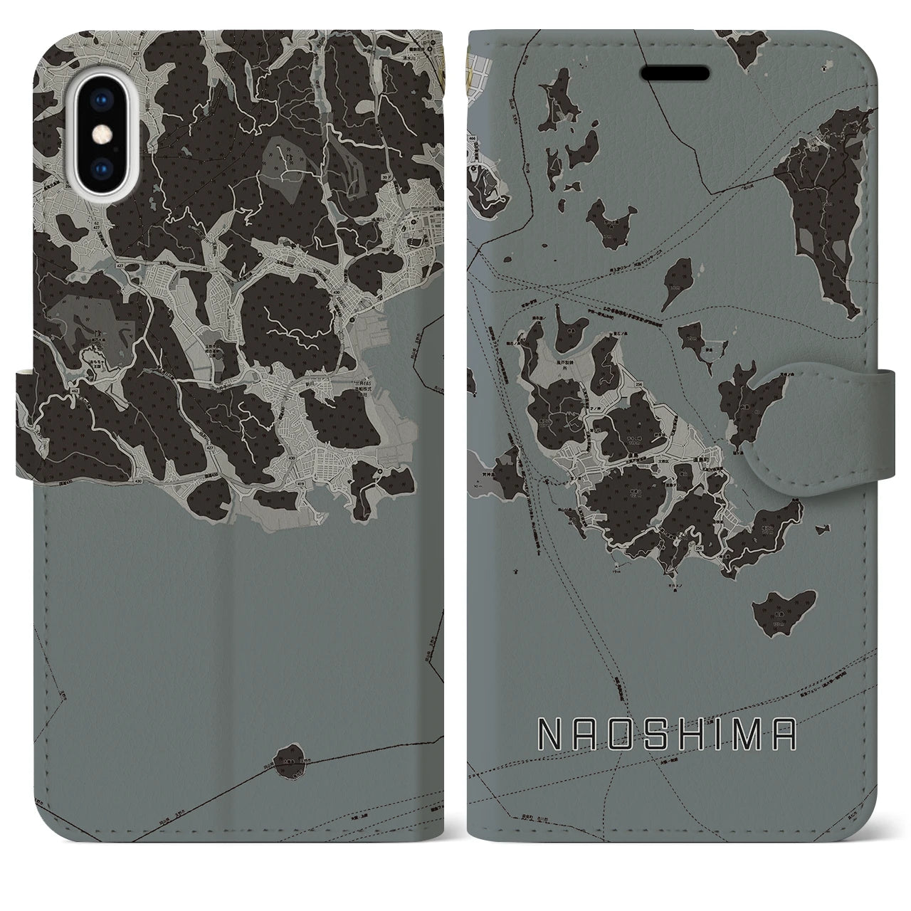【直島(香川県)】地図柄iPhoneケース(手帳タイプ)モノトーン・iPhone XS Max 用