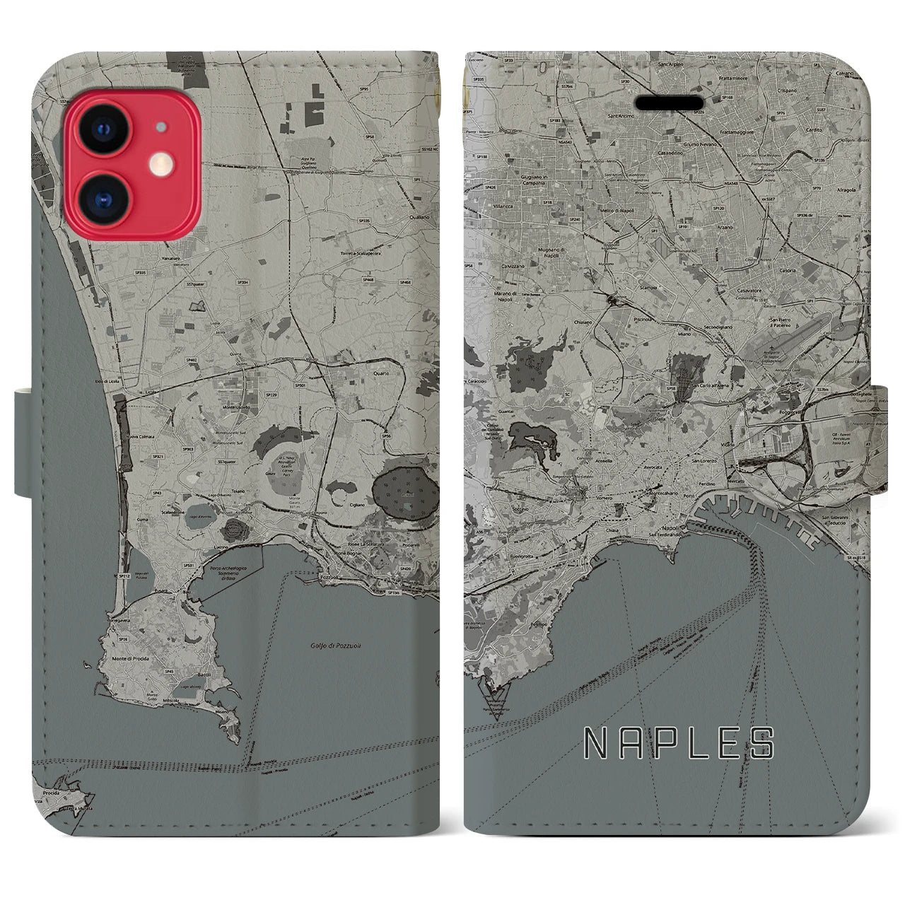 【ナポリ(イタリア)】地図柄iPhoneケース(手帳タイプ)モノトーン・iPhone 11 用