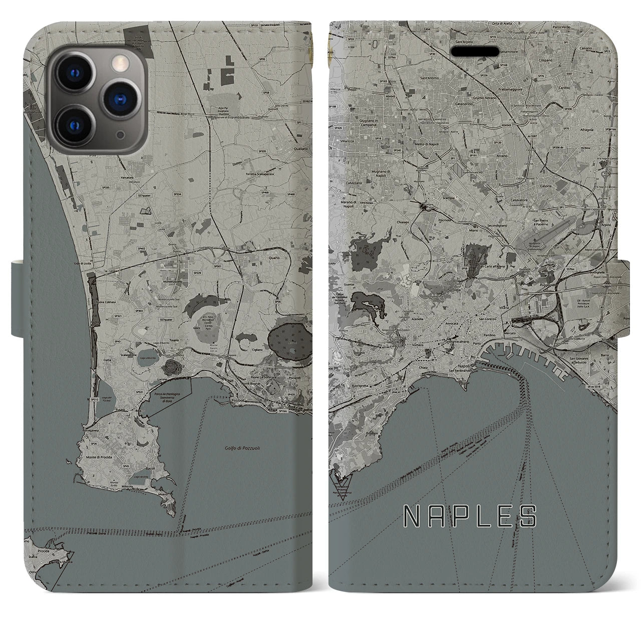 【ナポリ(イタリア)】地図柄iPhoneケース(手帳タイプ)モノトーン・iPhone 11 Pro Max 用