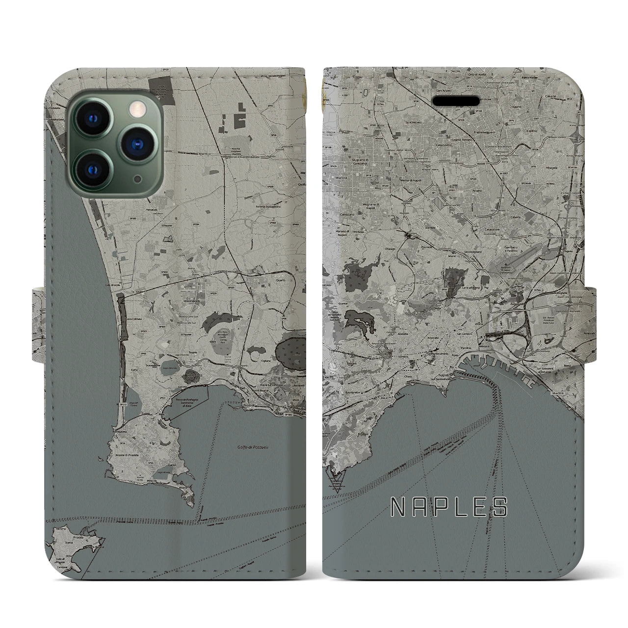 【ナポリ(イタリア)】地図柄iPhoneケース(手帳タイプ)モノトーン・iPhone 11 Pro 用