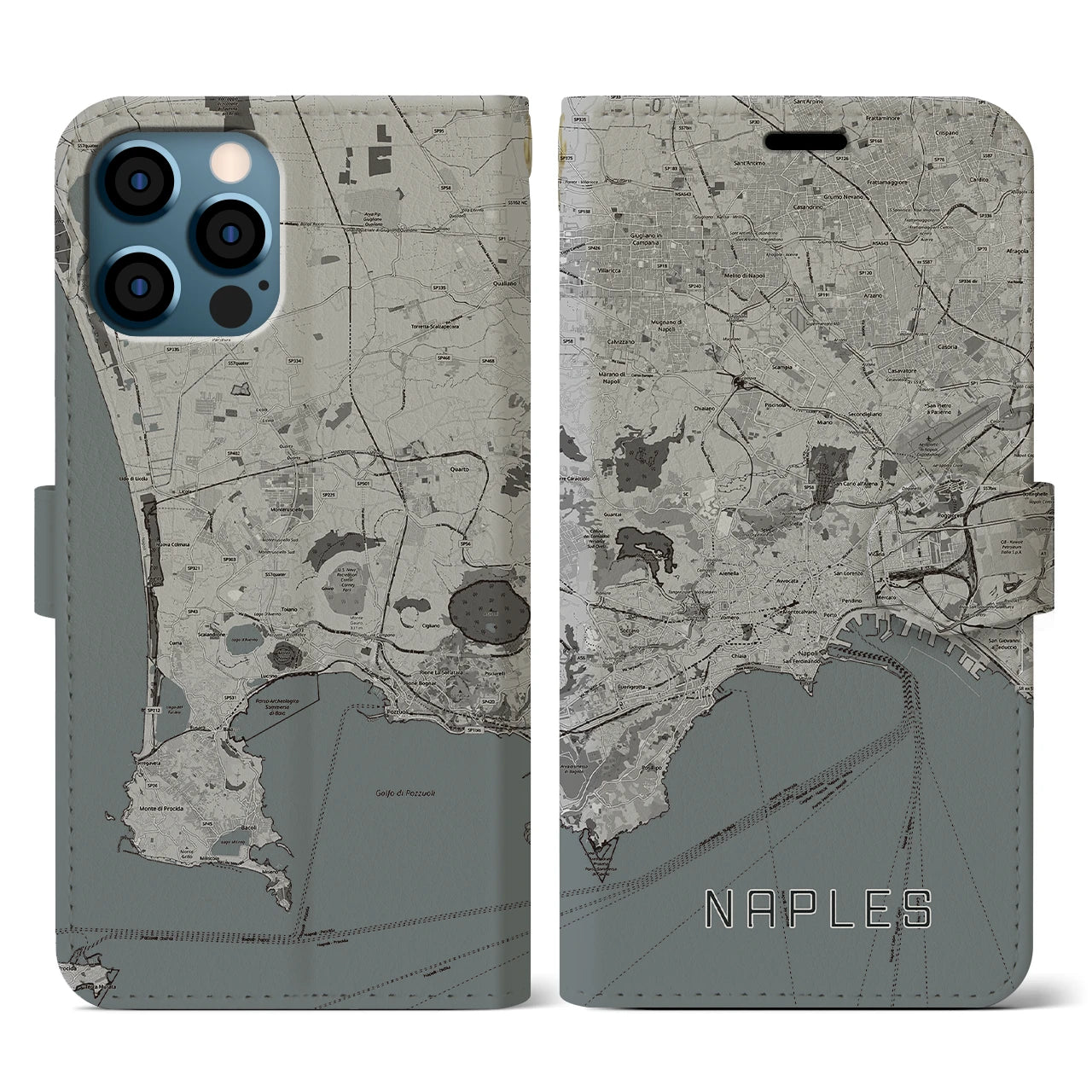 【ナポリ(イタリア)】地図柄iPhoneケース(手帳タイプ)モノトーン・iPhone 12 / 12 Pro 用