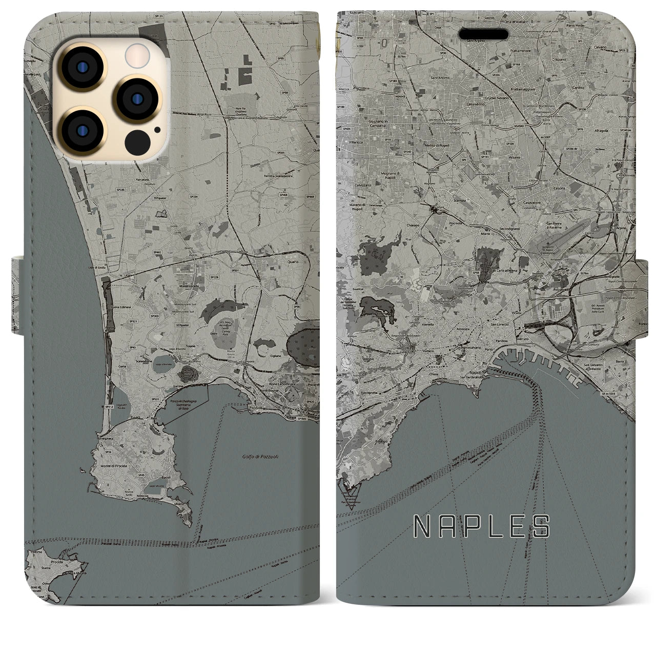 【ナポリ(イタリア)】地図柄iPhoneケース(手帳タイプ)モノトーン・iPhone 12 Pro Max 用