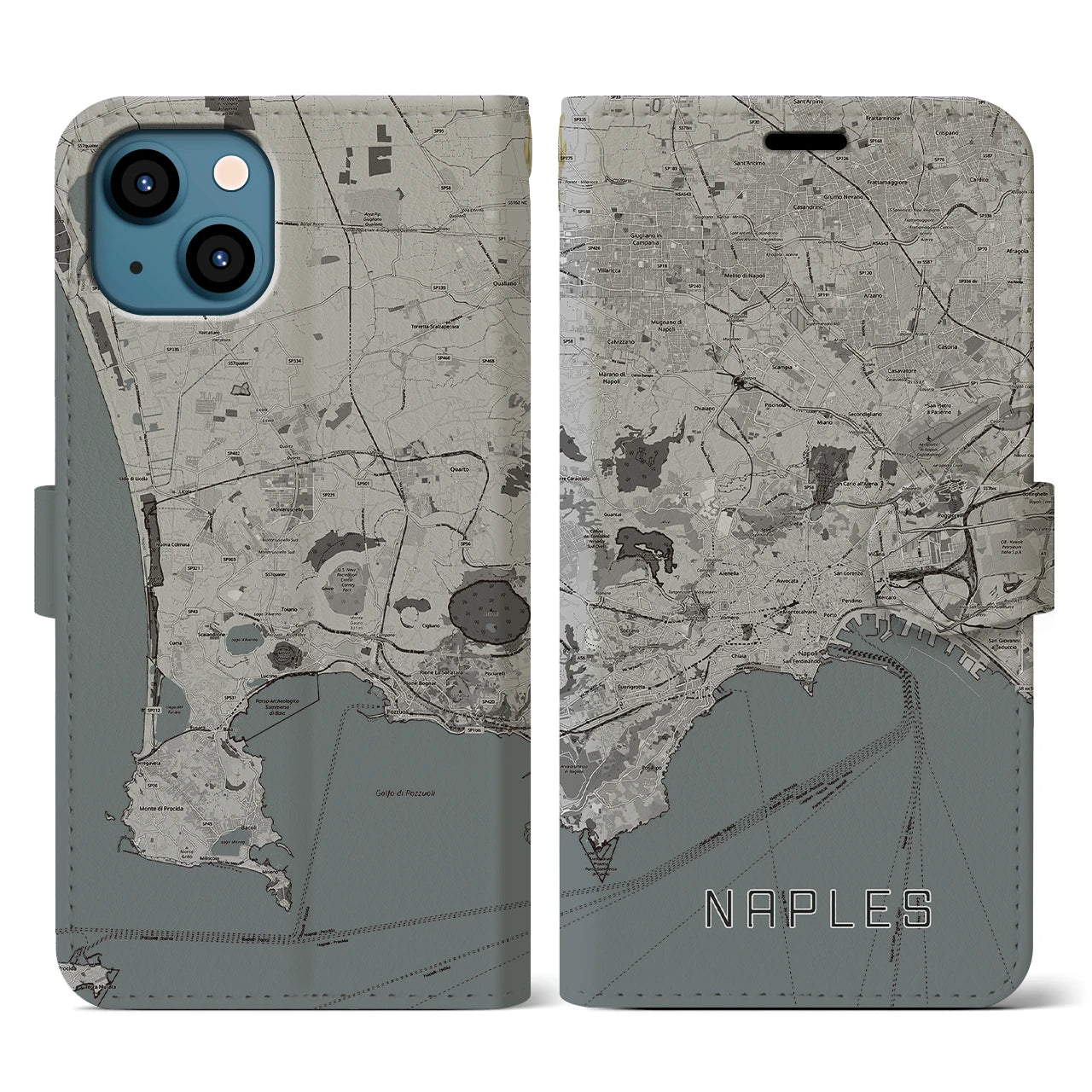 【ナポリ(イタリア)】地図柄iPhoneケース(手帳タイプ)モノトーン・iPhone 13 用