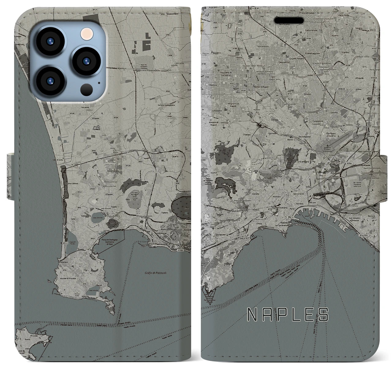 【ナポリ(イタリア)】地図柄iPhoneケース(手帳タイプ)モノトーン・iPhone 13 Pro Max 用