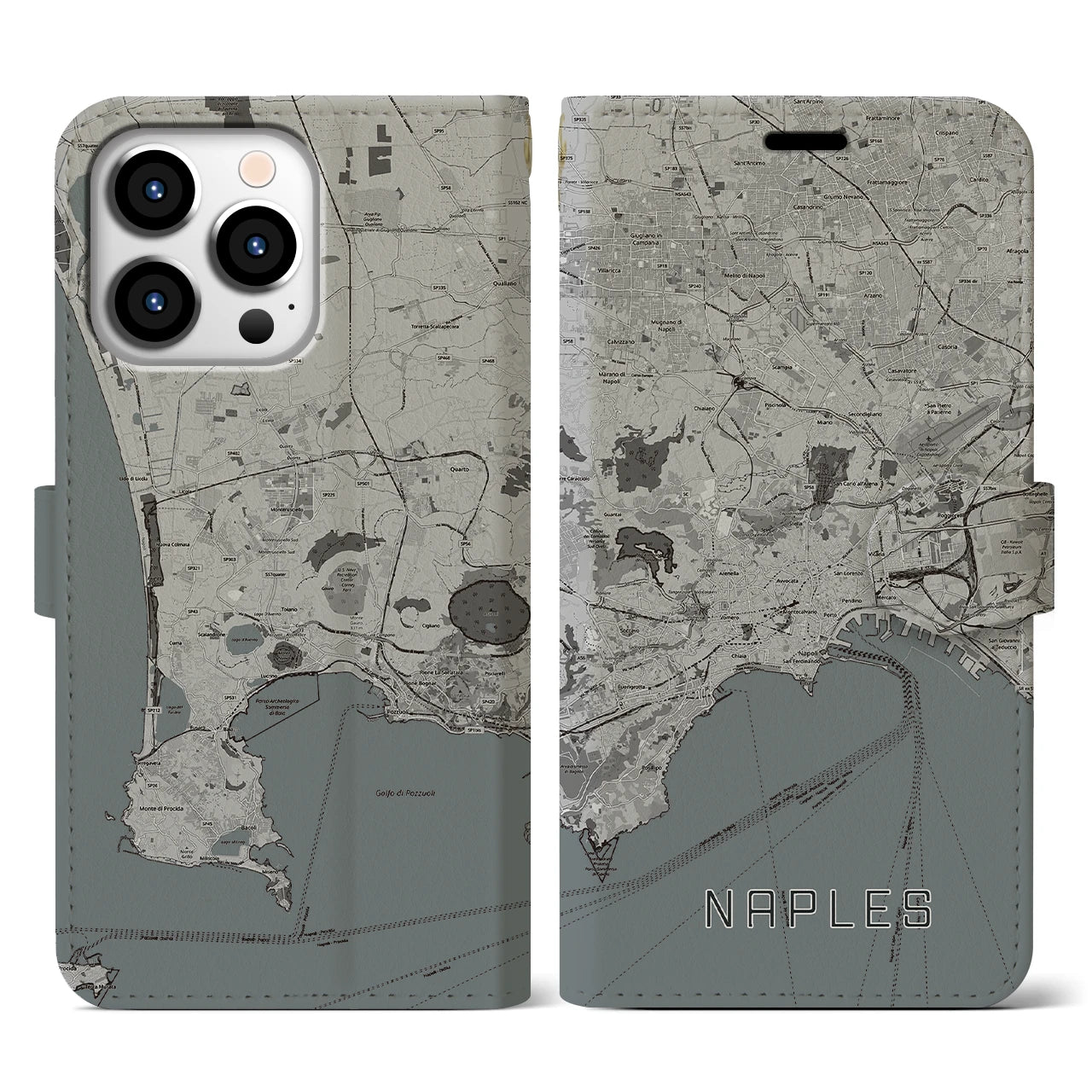 【ナポリ(イタリア)】地図柄iPhoneケース(手帳タイプ)モノトーン・iPhone 13 Pro 用