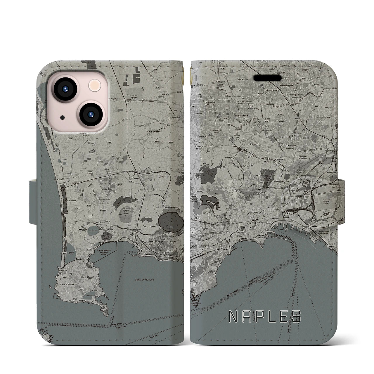 【ナポリ(イタリア)】地図柄iPhoneケース(手帳タイプ)モノトーン・iPhone 13 mini 用