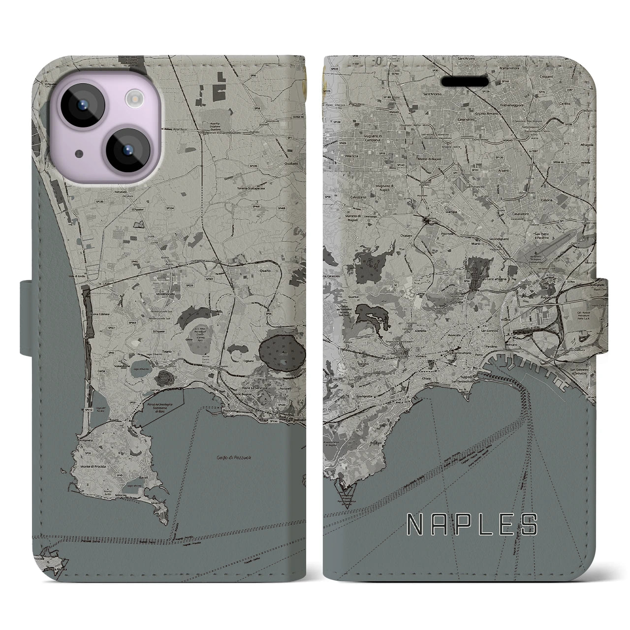 【ナポリ(イタリア)】地図柄iPhoneケース(手帳タイプ)モノトーン・iPhone 14 用