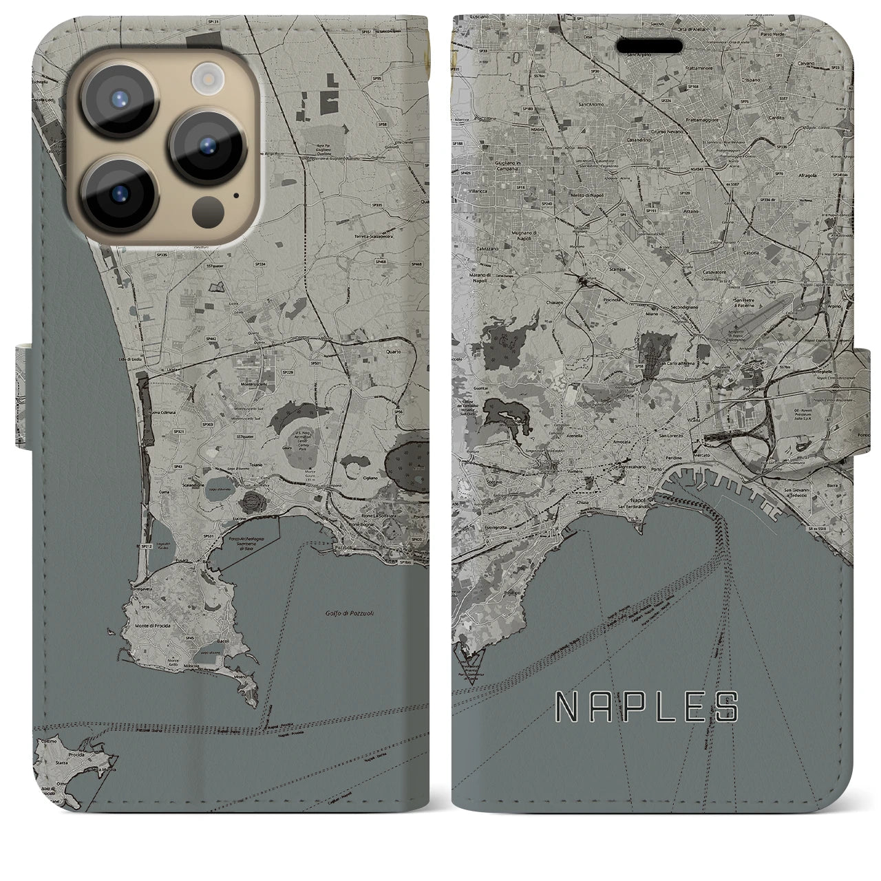 【ナポリ(イタリア)】地図柄iPhoneケース(手帳タイプ)モノトーン・iPhone 14 Pro Max 用