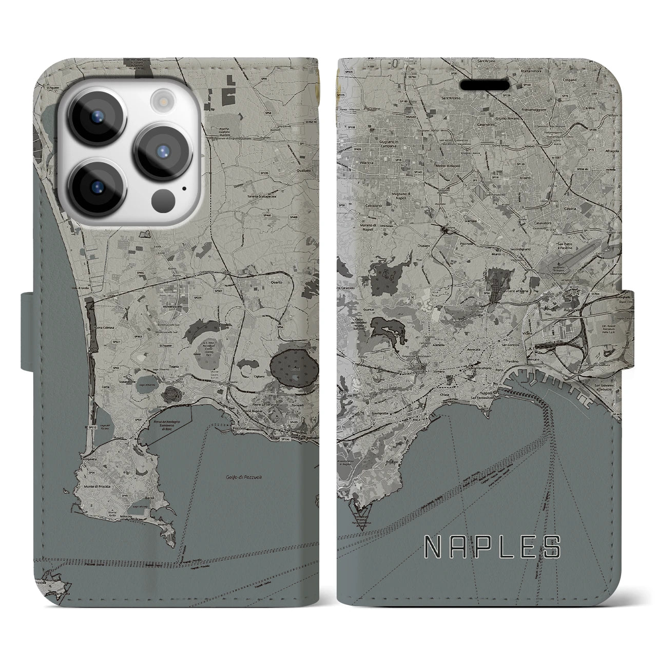 【ナポリ(イタリア)】地図柄iPhoneケース(手帳タイプ)モノトーン・iPhone 14 Pro 用
