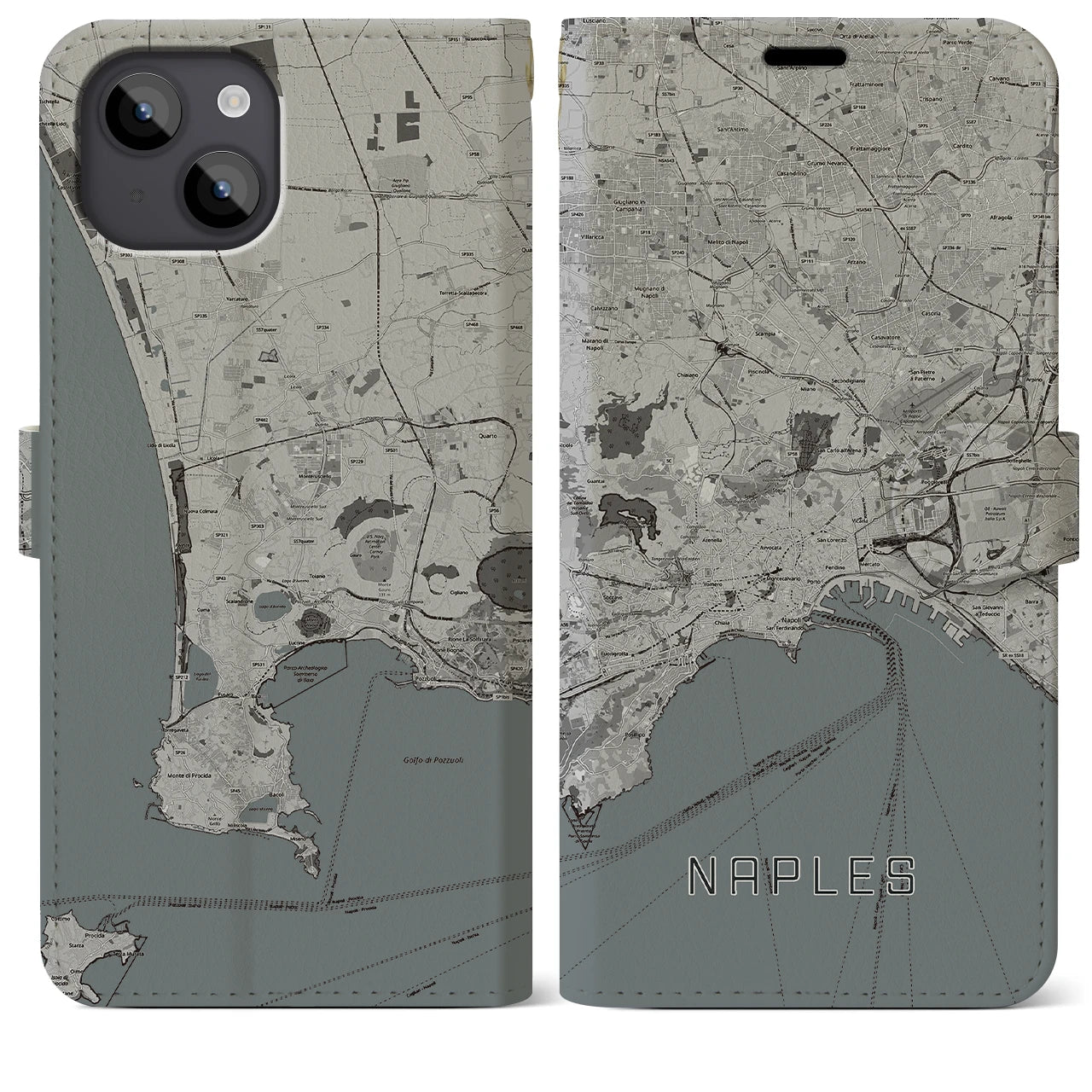 【ナポリ(イタリア)】地図柄iPhoneケース(手帳タイプ)モノトーン・iPhone 14 Plus 用