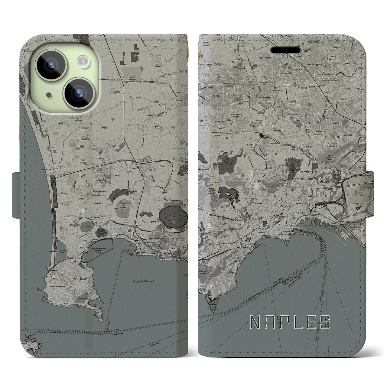 【ナポリ(イタリア)】地図柄iPhoneケース(手帳タイプ)モノトーン・iPhone 15 用