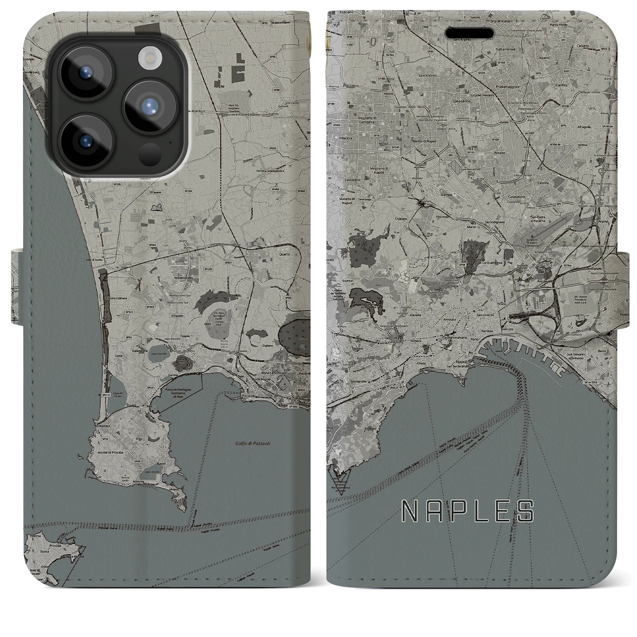 【ナポリ(イタリア)】地図柄iPhoneケース(手帳タイプ)モノトーン・iPhone 15 Pro Max 用