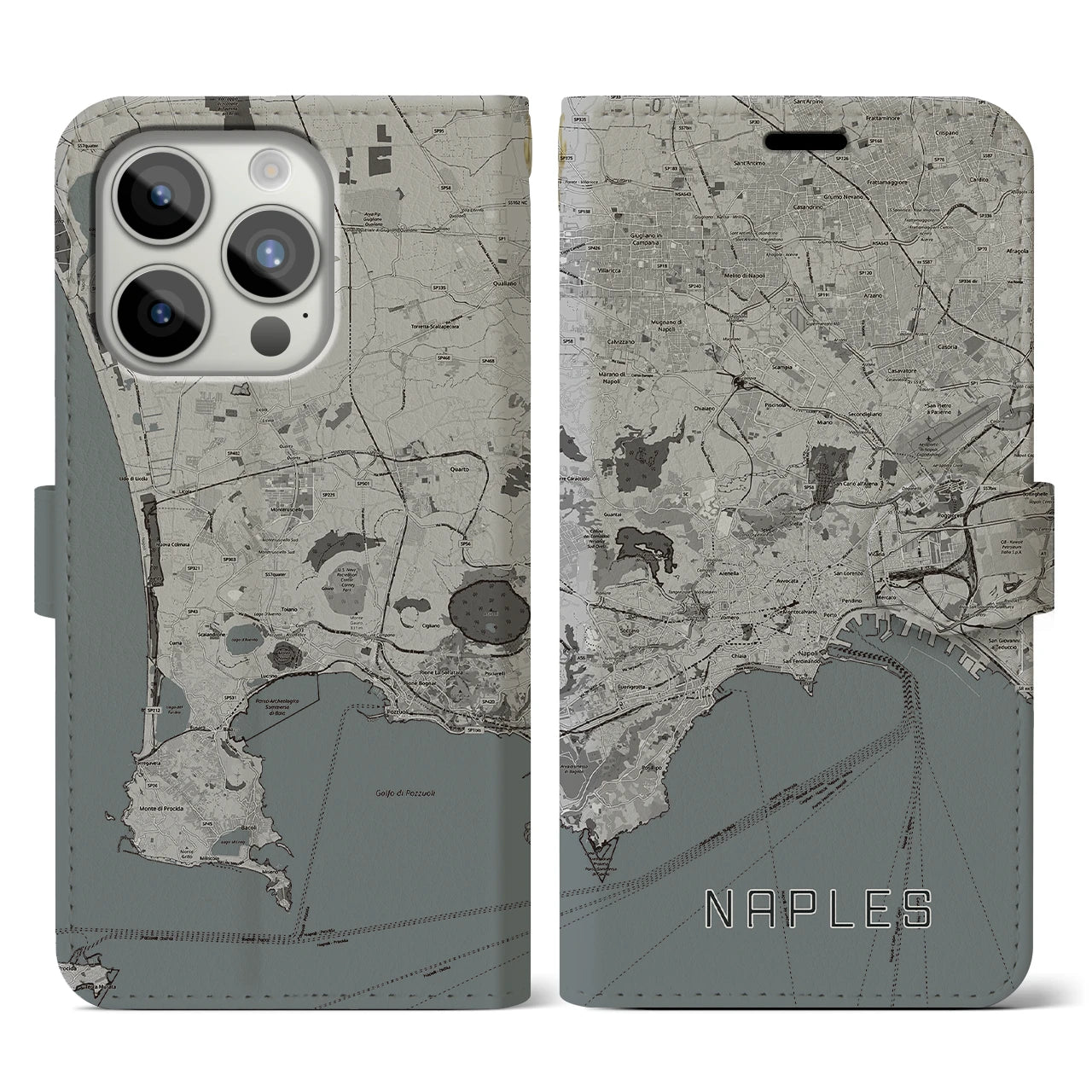 【ナポリ(イタリア)】地図柄iPhoneケース(手帳タイプ)モノトーン・iPhone 15 Pro 用