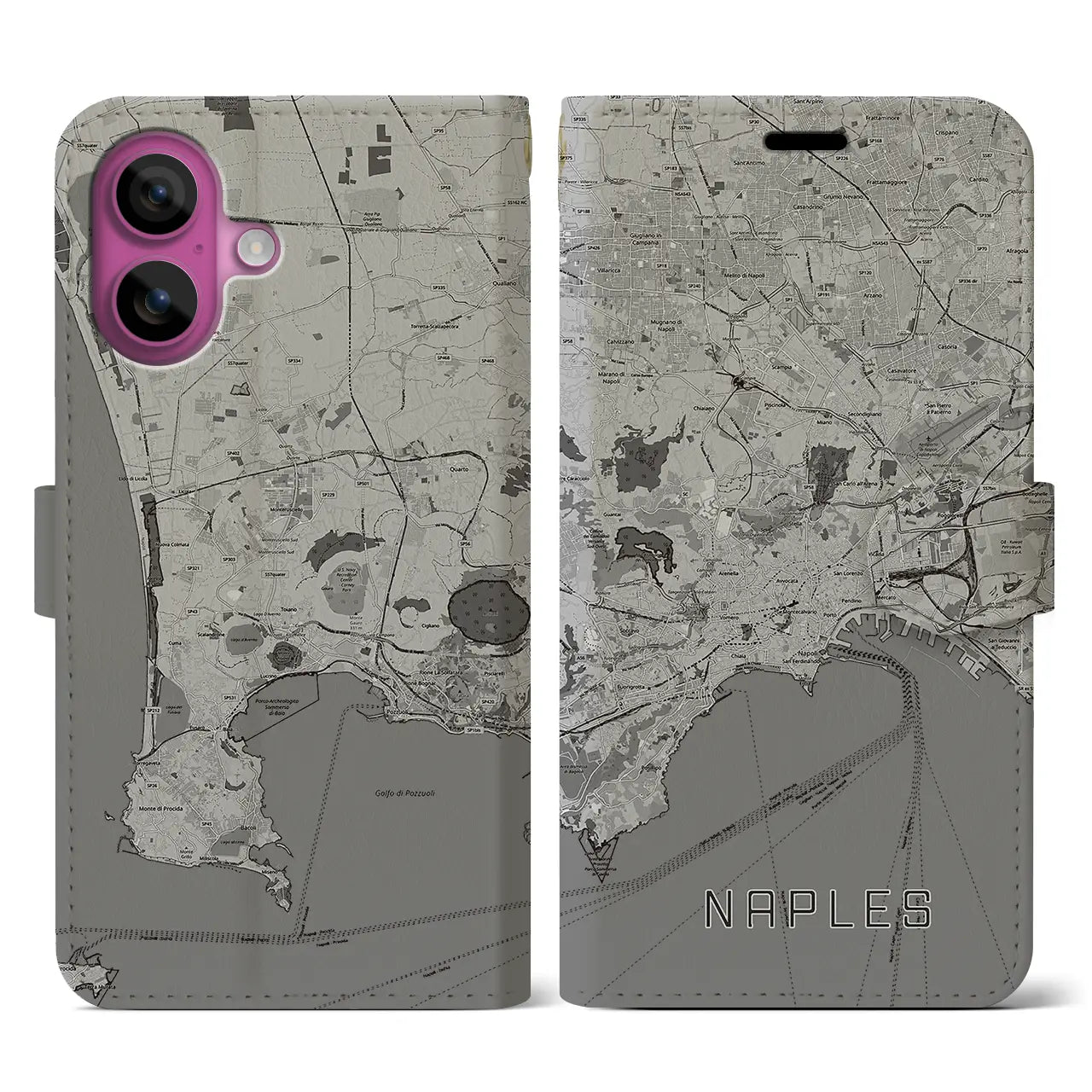 【ナポリ(イタリア)】地図柄iPhoneケース(手帳タイプ)モノトーン・iPhone 16 Pro 用