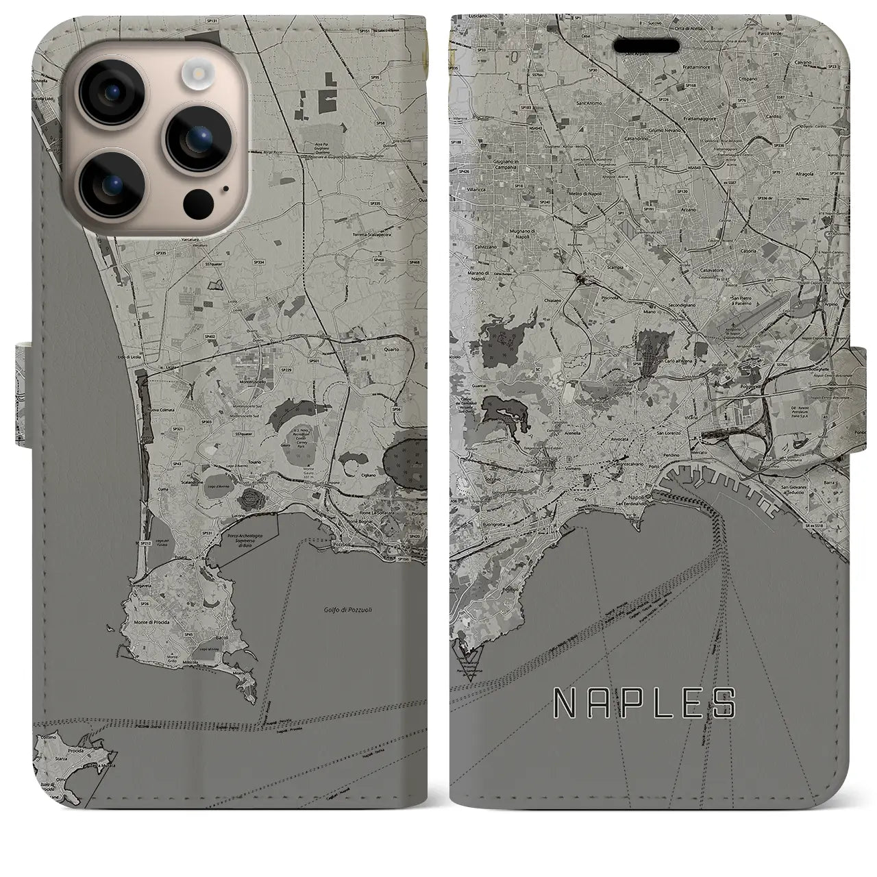 【ナポリ(イタリア)】地図柄iPhoneケース(手帳タイプ)モノトーン・iPhone 16 Plus 用
