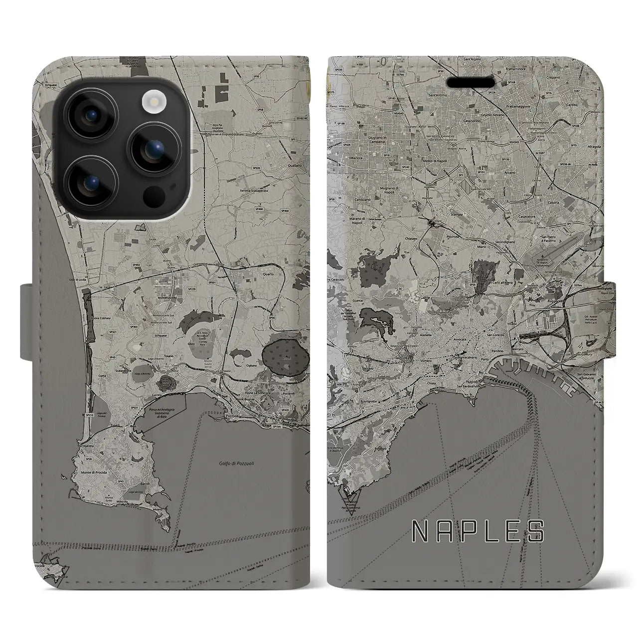 【ナポリ(イタリア)】地図柄iPhoneケース(手帳タイプ)モノトーン・iPhone 16 用