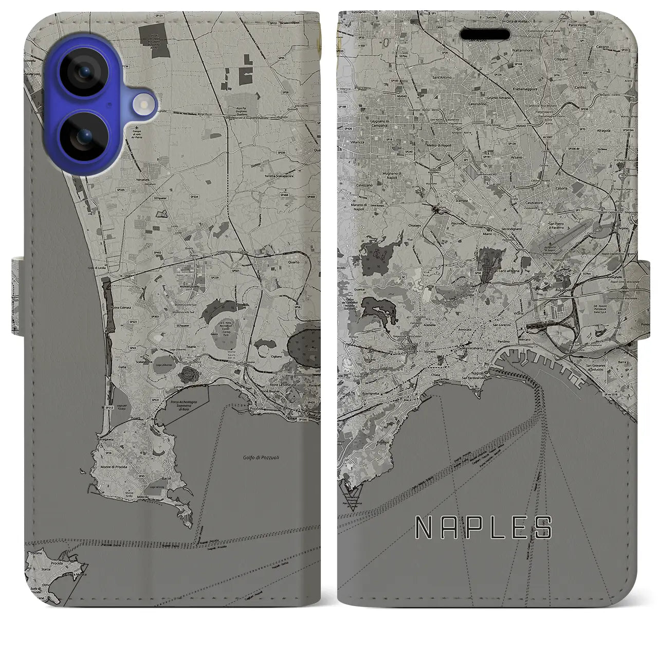 【ナポリ(イタリア)】地図柄iPhoneケース(手帳タイプ)モノトーン・iPhone 16 Pro Max 用