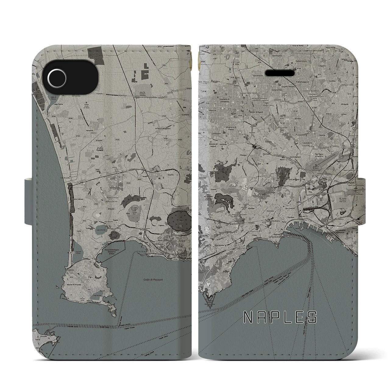 【ナポリ(イタリア)】地図柄iPhoneケース(手帳タイプ)モノトーン・iPhone SE(第3 / 第2世代) / 8 / 7 / 6s / 6 用