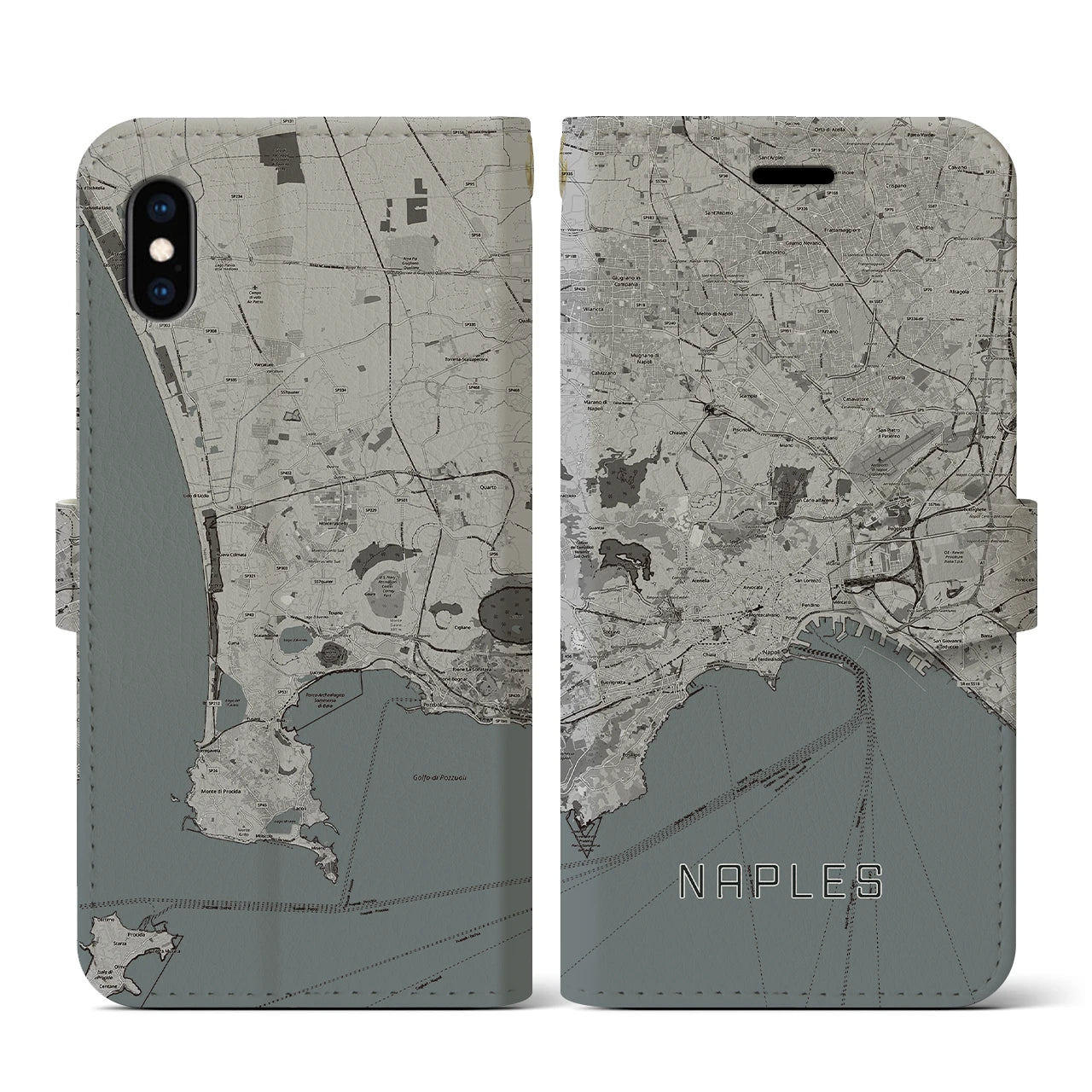 【ナポリ(イタリア)】地図柄iPhoneケース(手帳タイプ)モノトーン・iPhone XS / X 用