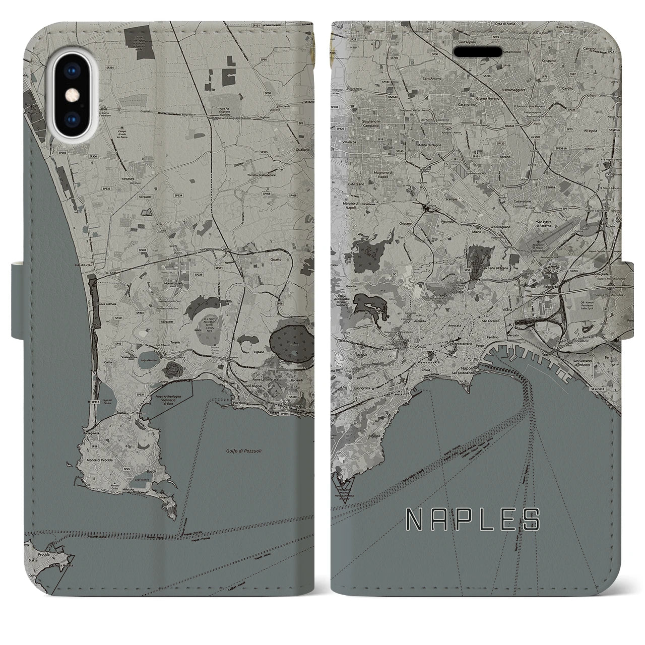 【ナポリ(イタリア)】地図柄iPhoneケース(手帳タイプ)モノトーン・iPhone XS Max 用