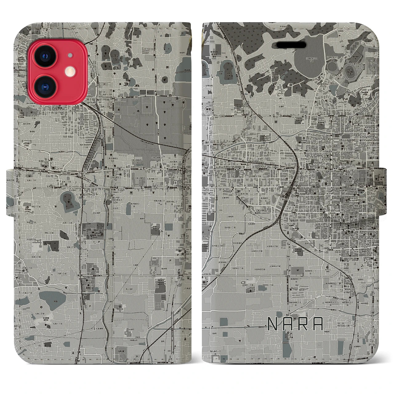 【奈良2(奈良県)】地図柄iPhoneケース(手帳タイプ)モノトーン・iPhone 11 用
