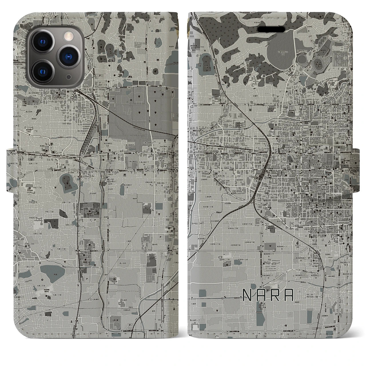 【奈良2(奈良県)】地図柄iPhoneケース(手帳タイプ)モノトーン・iPhone 11 Pro Max 用