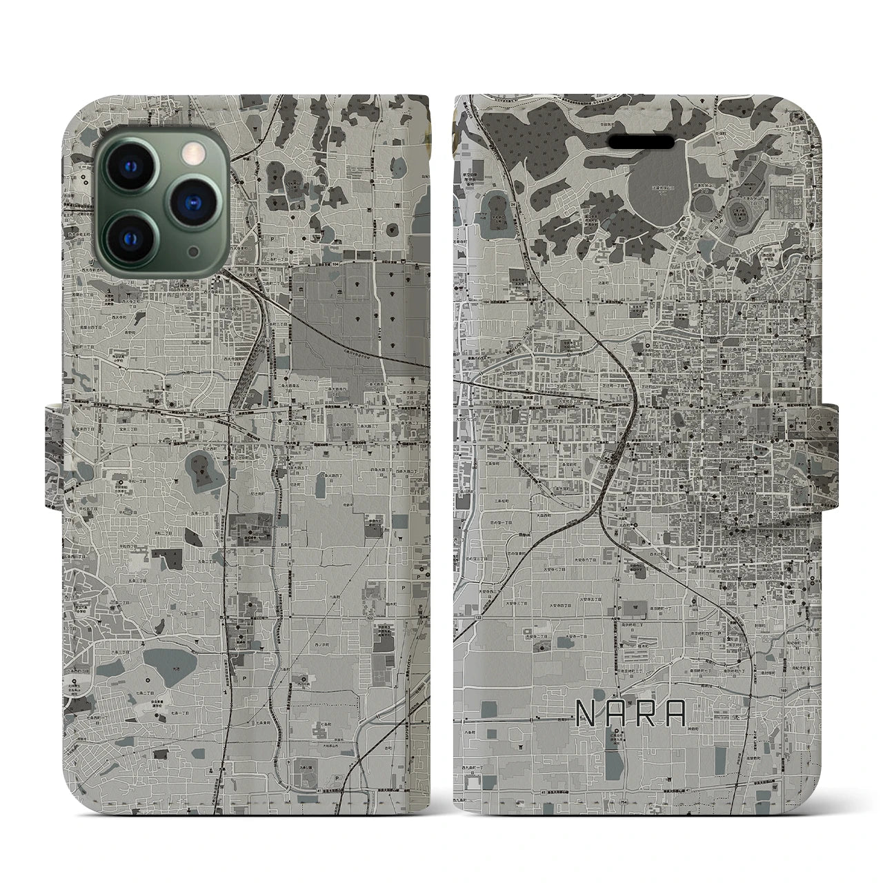 【奈良2(奈良県)】地図柄iPhoneケース(手帳タイプ)モノトーン・iPhone 11 Pro 用