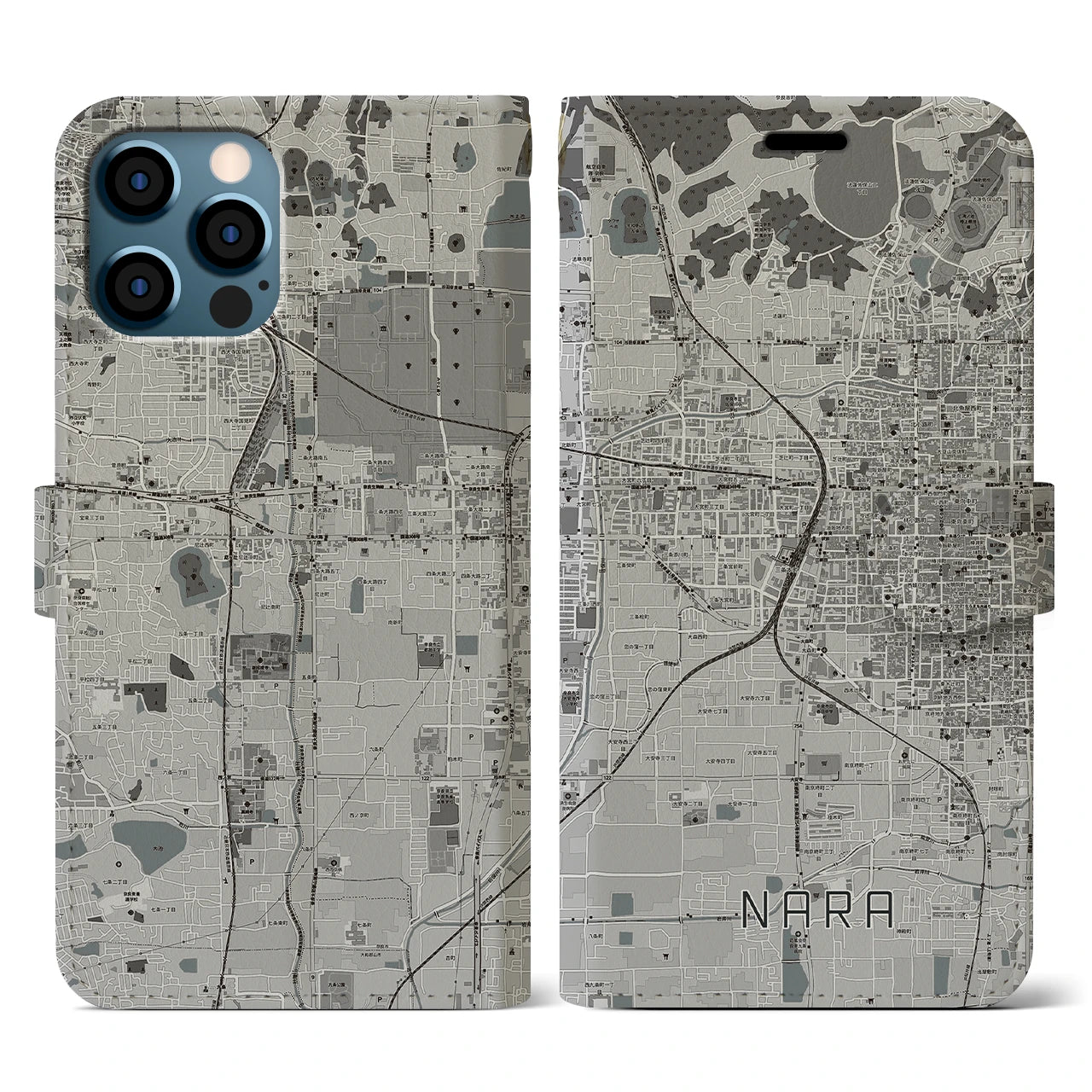 【奈良2(奈良県)】地図柄iPhoneケース(手帳タイプ)モノトーン・iPhone 12 / 12 Pro 用