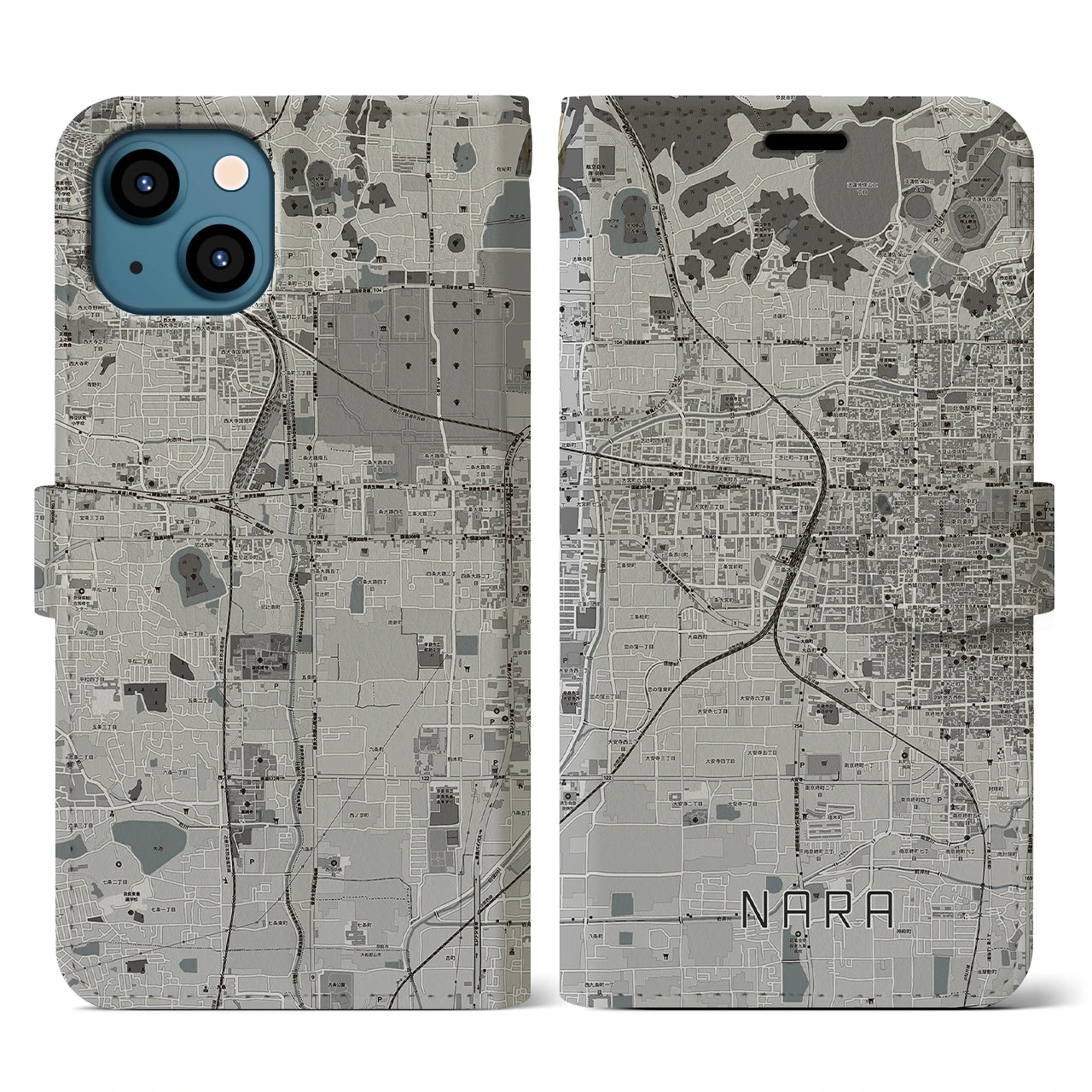【奈良2(奈良県)】地図柄iPhoneケース(手帳タイプ)モノトーン・iPhone 13 用