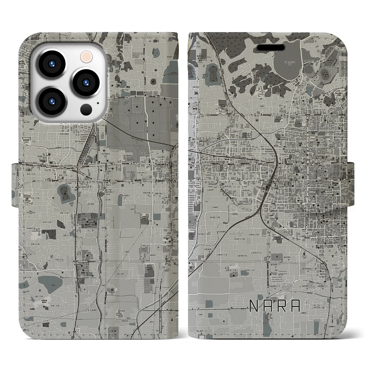 【奈良2(奈良県)】地図柄iPhoneケース(手帳タイプ)モノトーン・iPhone 13 Pro 用